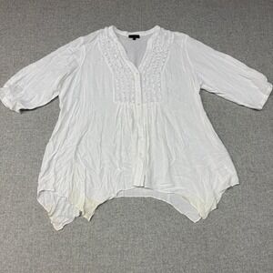 Spense Woman Blouse Size 2X White Ruffle V-Neck Button Front Sharkbite Hem Top